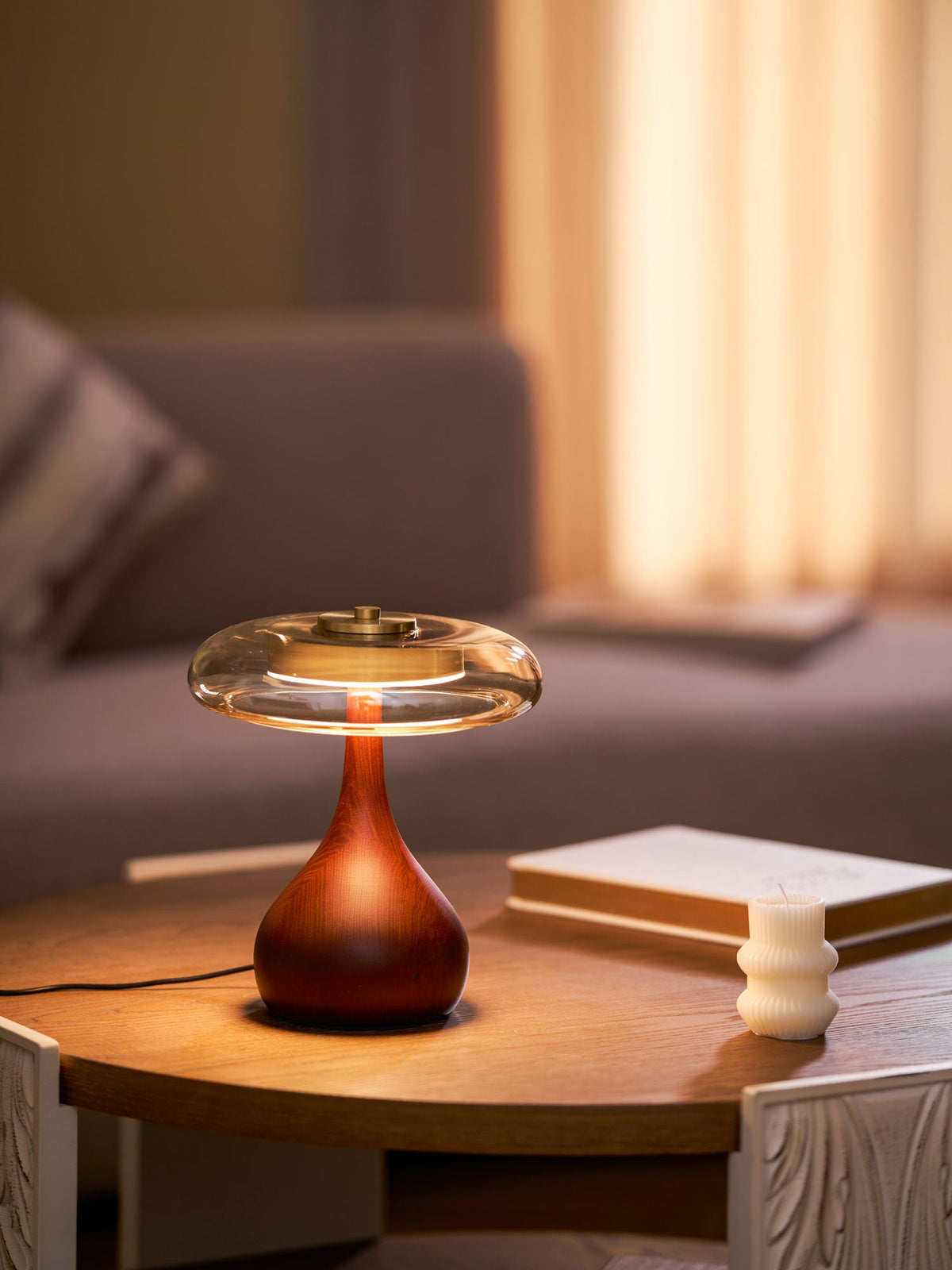 Amber Glass Table Lamp, Curved Walnut Base Bedside Lamp