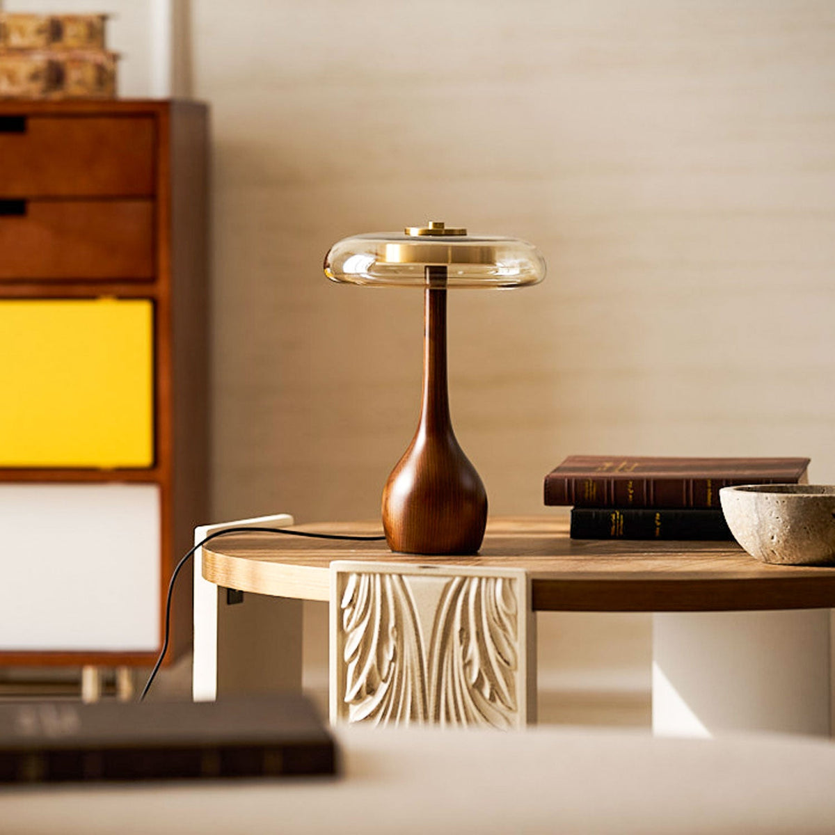 Amber Glass Table Lamp, Curved Walnut Base Bedside Lamp