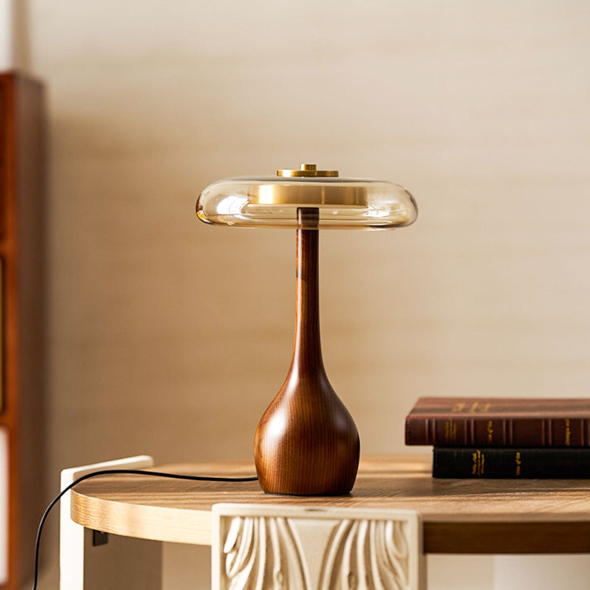 Amber Glass Table Lamp, Curved Walnut Base Bedside Lamp