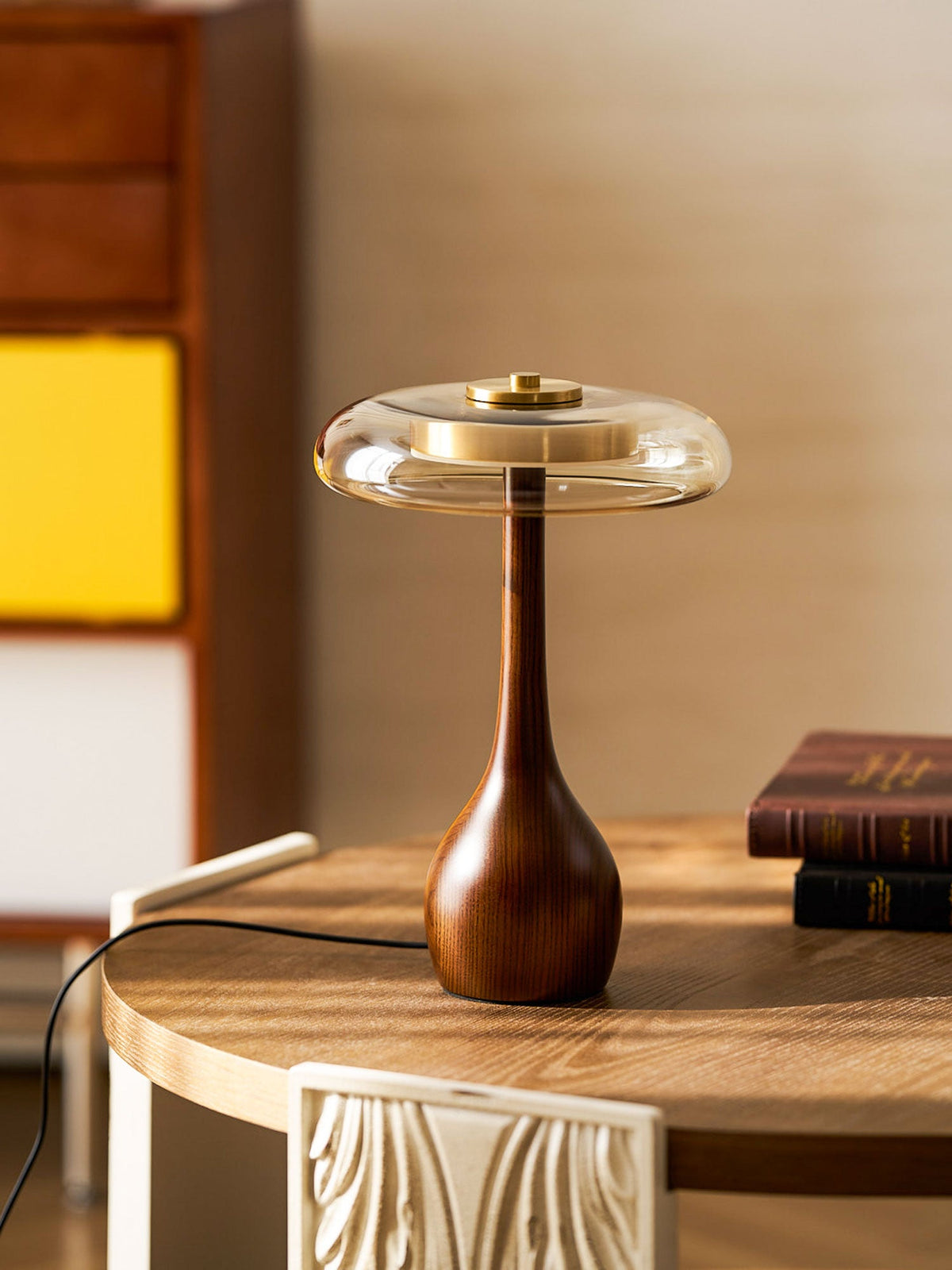 Amber Glass Table Lamp, Curved Walnut Base Bedside Lamp