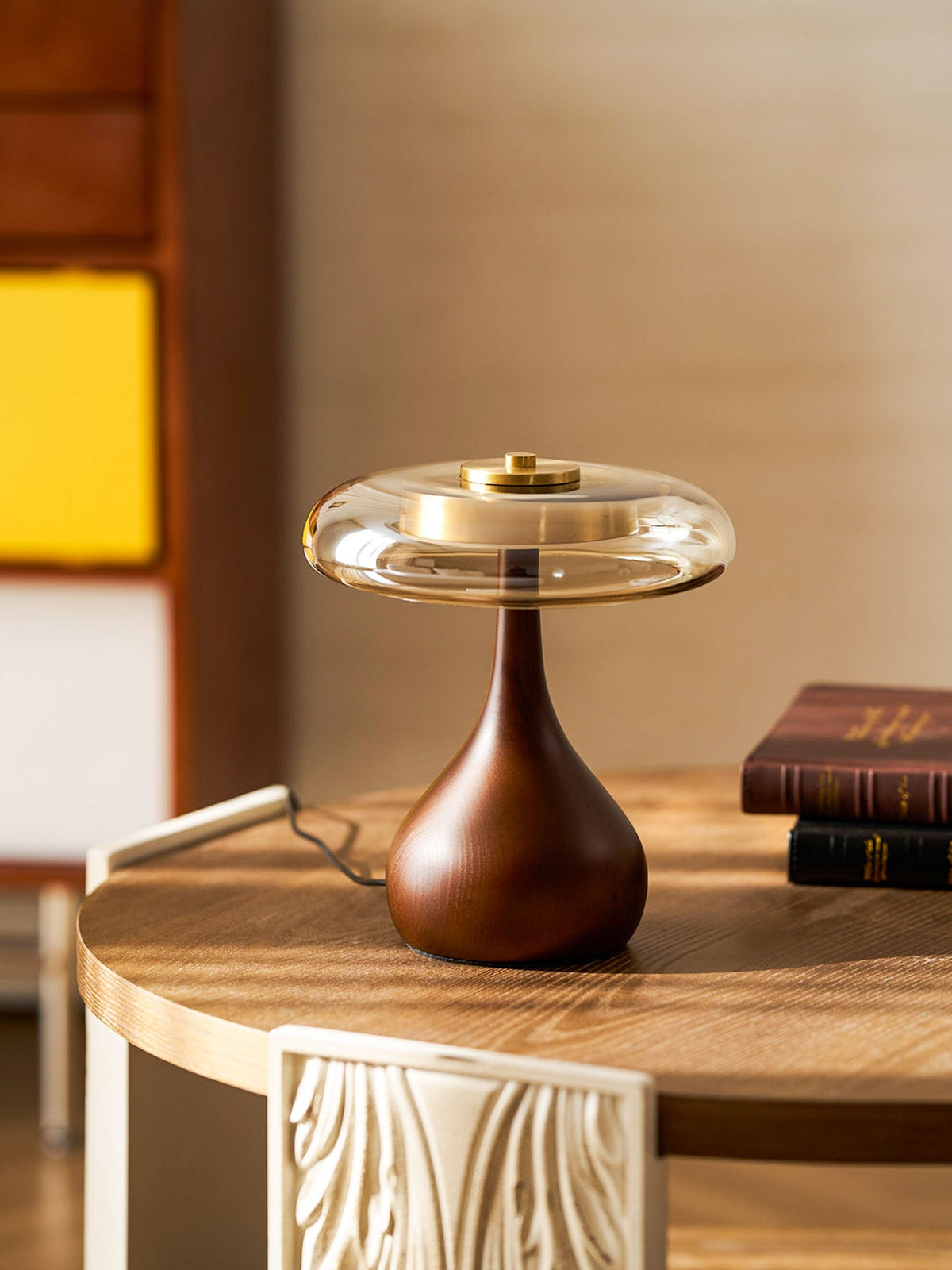 Amber Glass Table Lamp, Curved Walnut Base Bedside Lamp