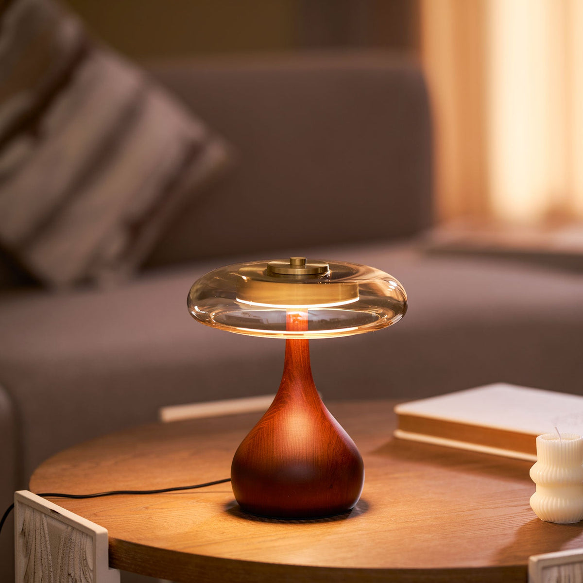 Amber Glass Table Lamp, Curved Walnut Base Bedside Lamp