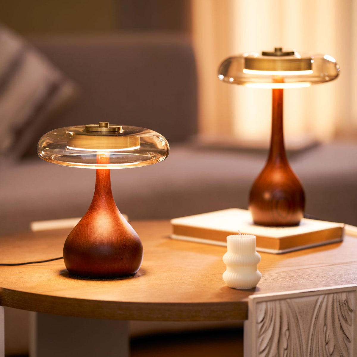 Amber Glass Table Lamp, Curved Walnut Base Bedside Lamp