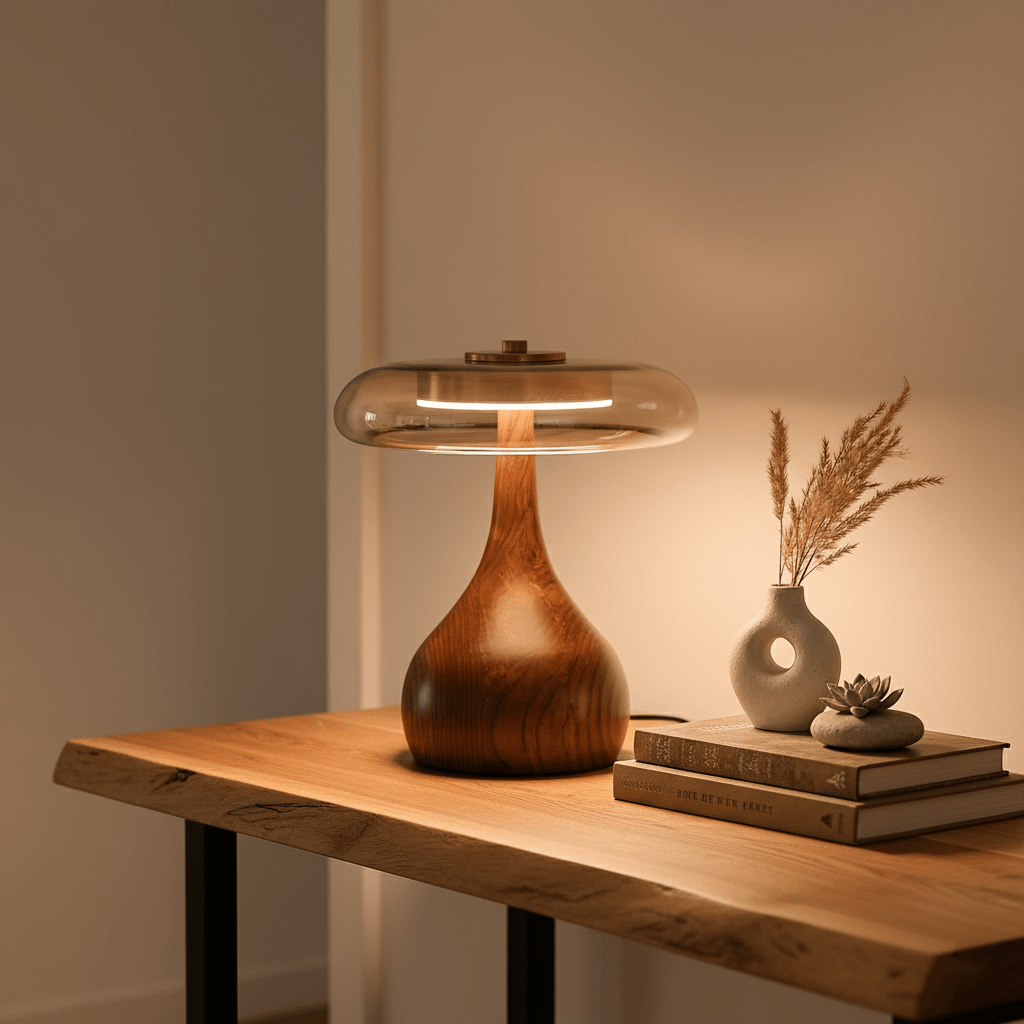 Amber Glass Table Lamp, Curved Walnut Base Bedside Lamp