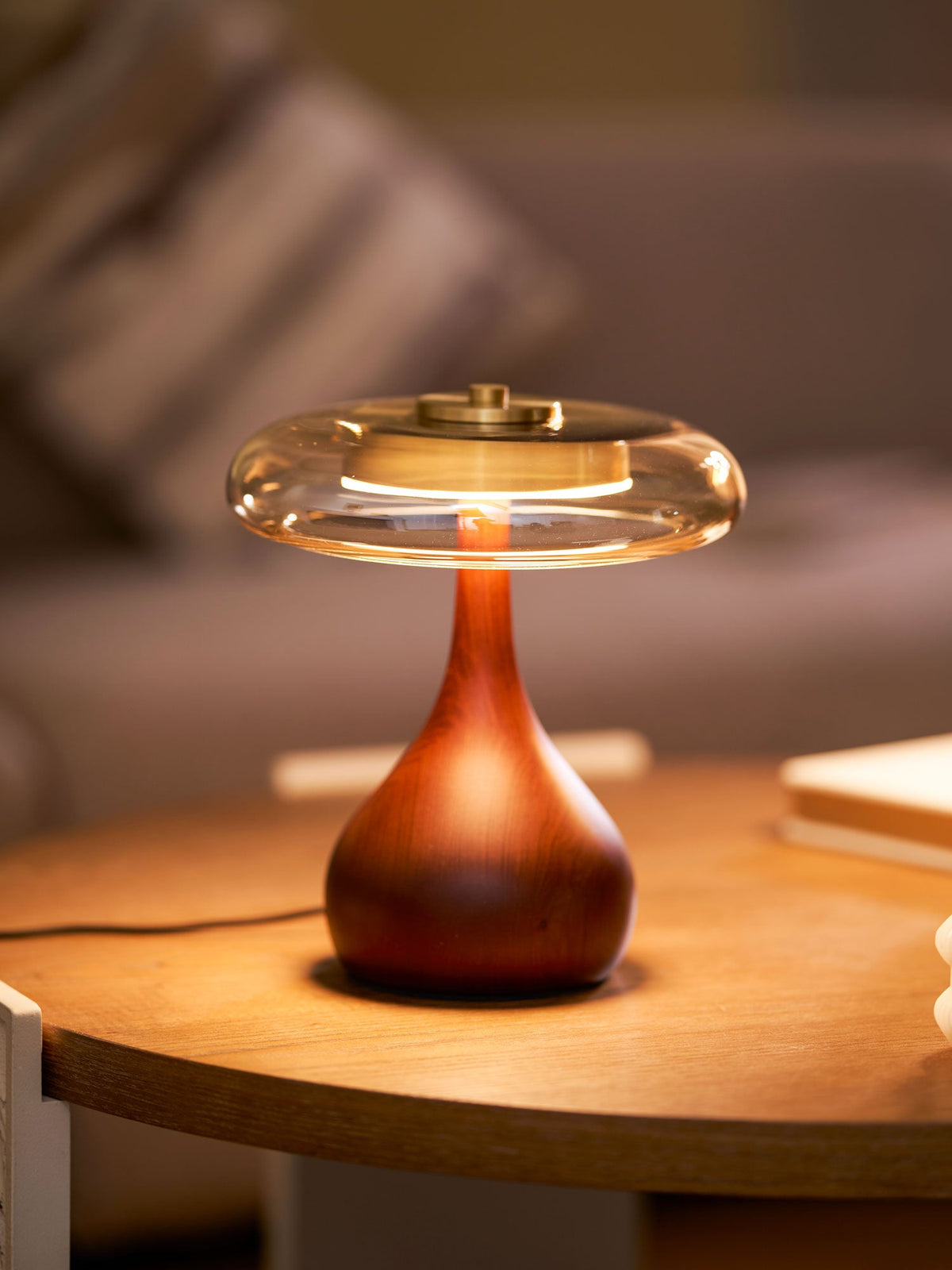 Amber Glass Table Lamp, Curved Walnut Base Bedside Lamp