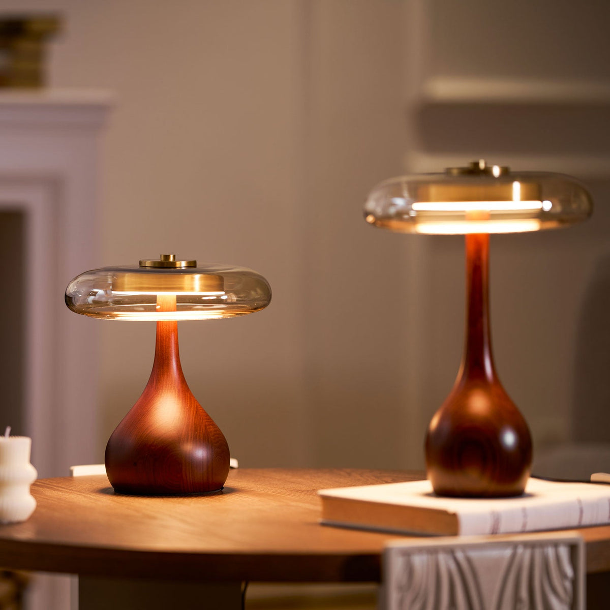 Amber Glass Table Lamp, Curved Walnut Base Bedside Lamp
