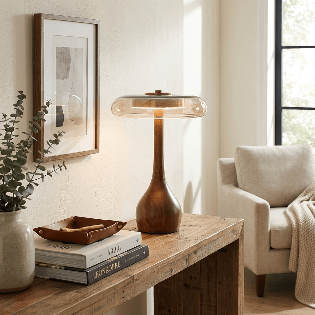 Amber Glass Table Lamp, Curved Walnut Base Bedside Lamp