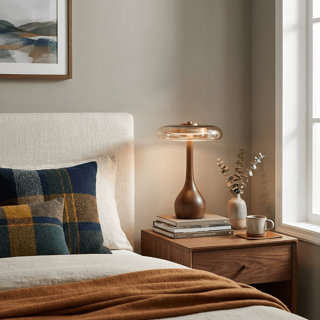 Amber Glass Table Lamp, Curved Walnut Base Bedside Lamp