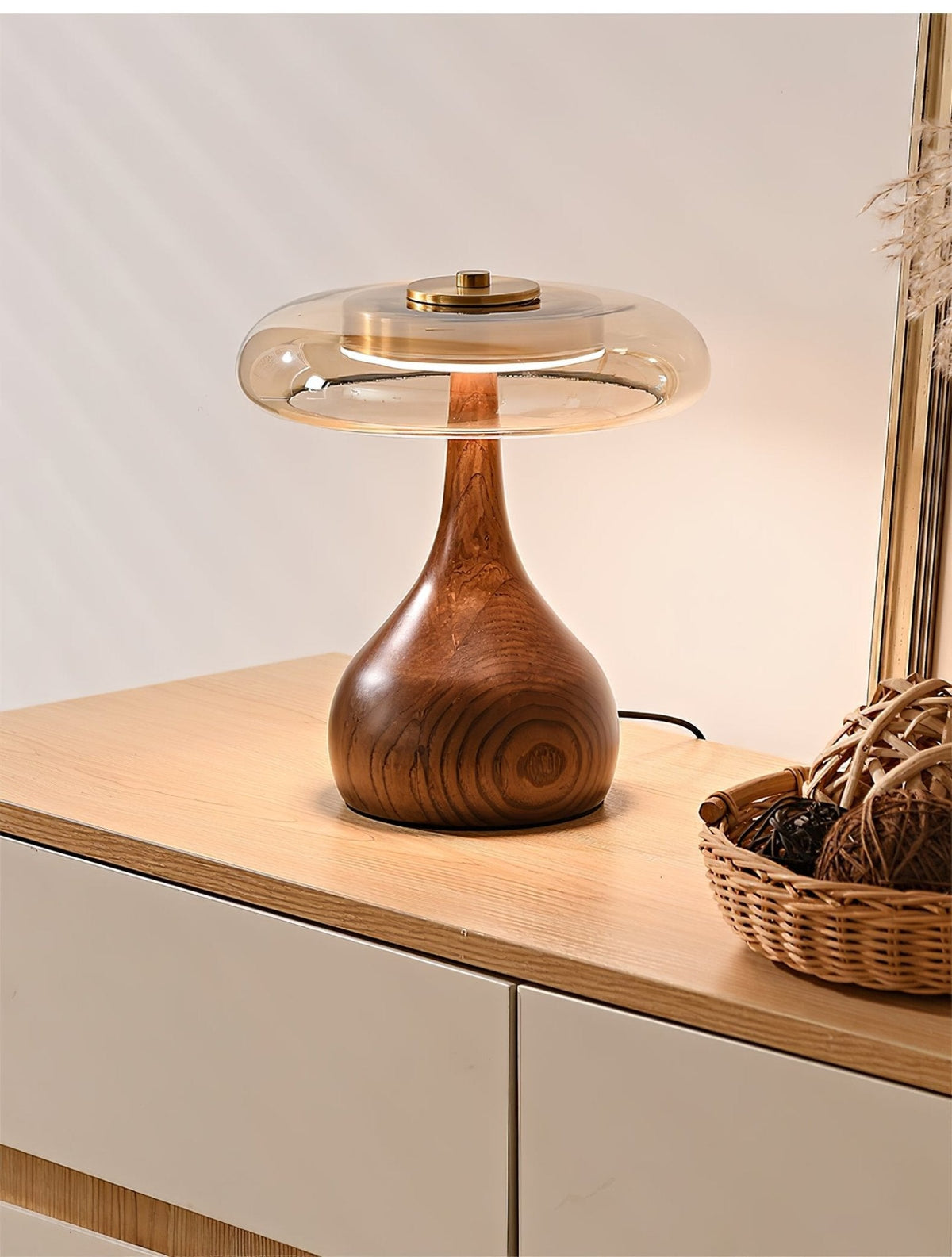 Amber Glass Table Lamp, Curved Walnut Base Bedside Lamp
