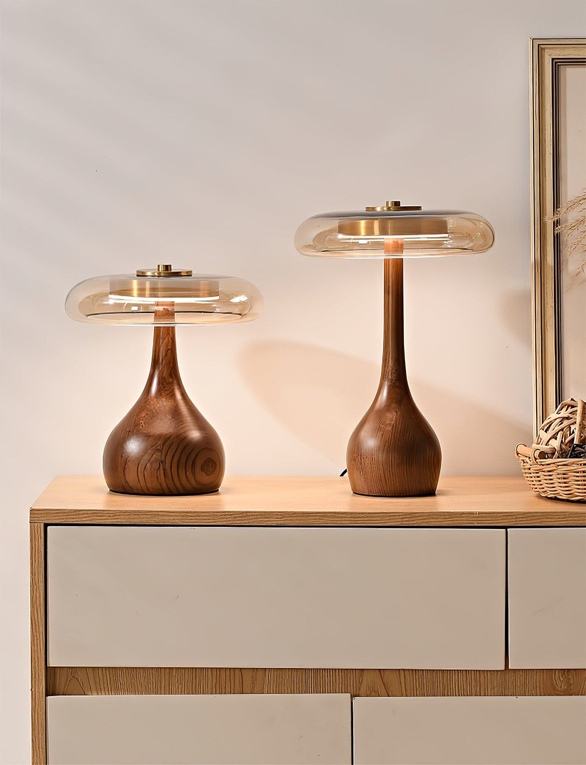 Amber Glass Table Lamp, Curved Walnut Base Bedside Lamp