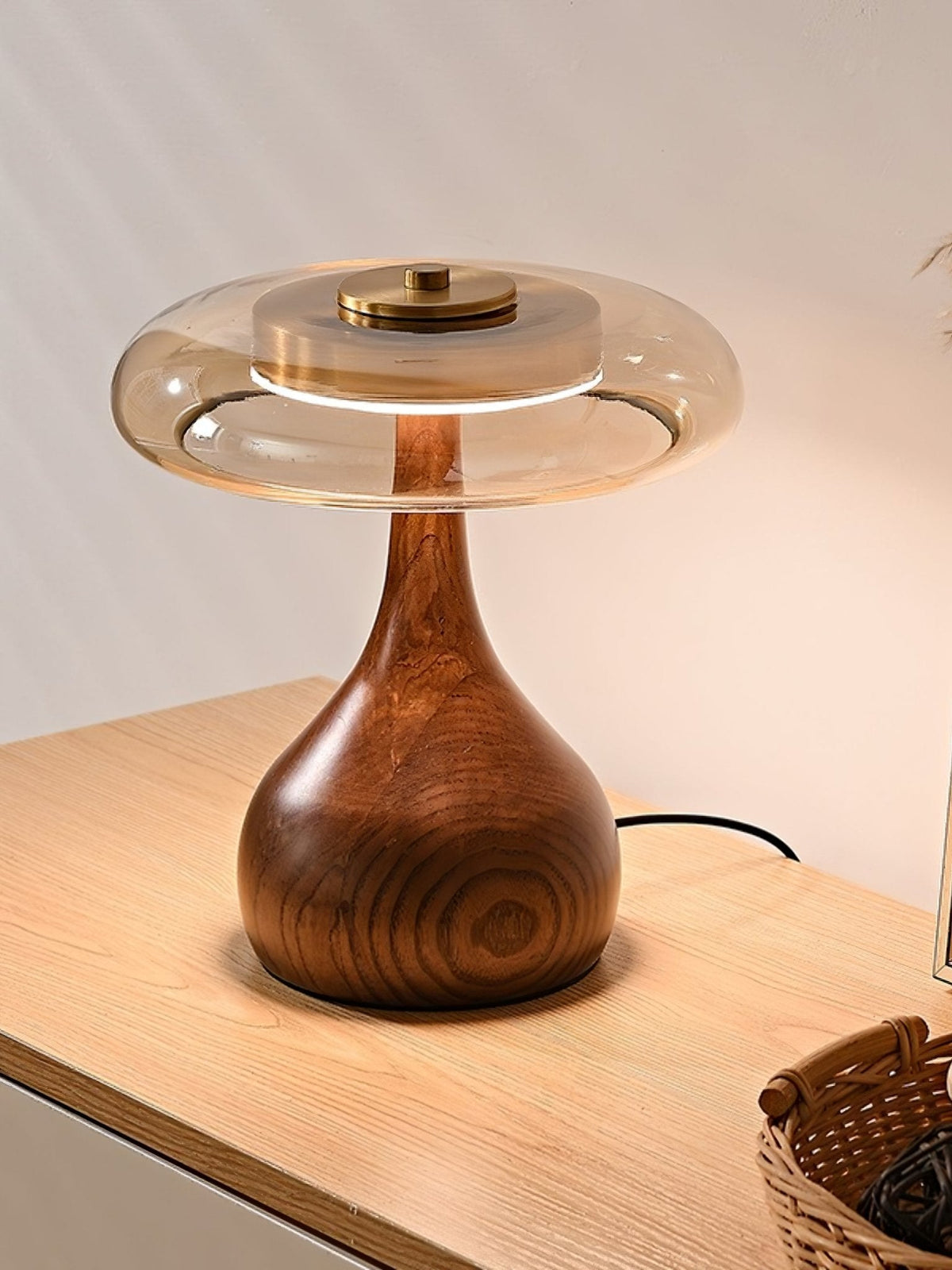 Amber Glass Table Lamp, Curved Walnut Base Bedside Lamp