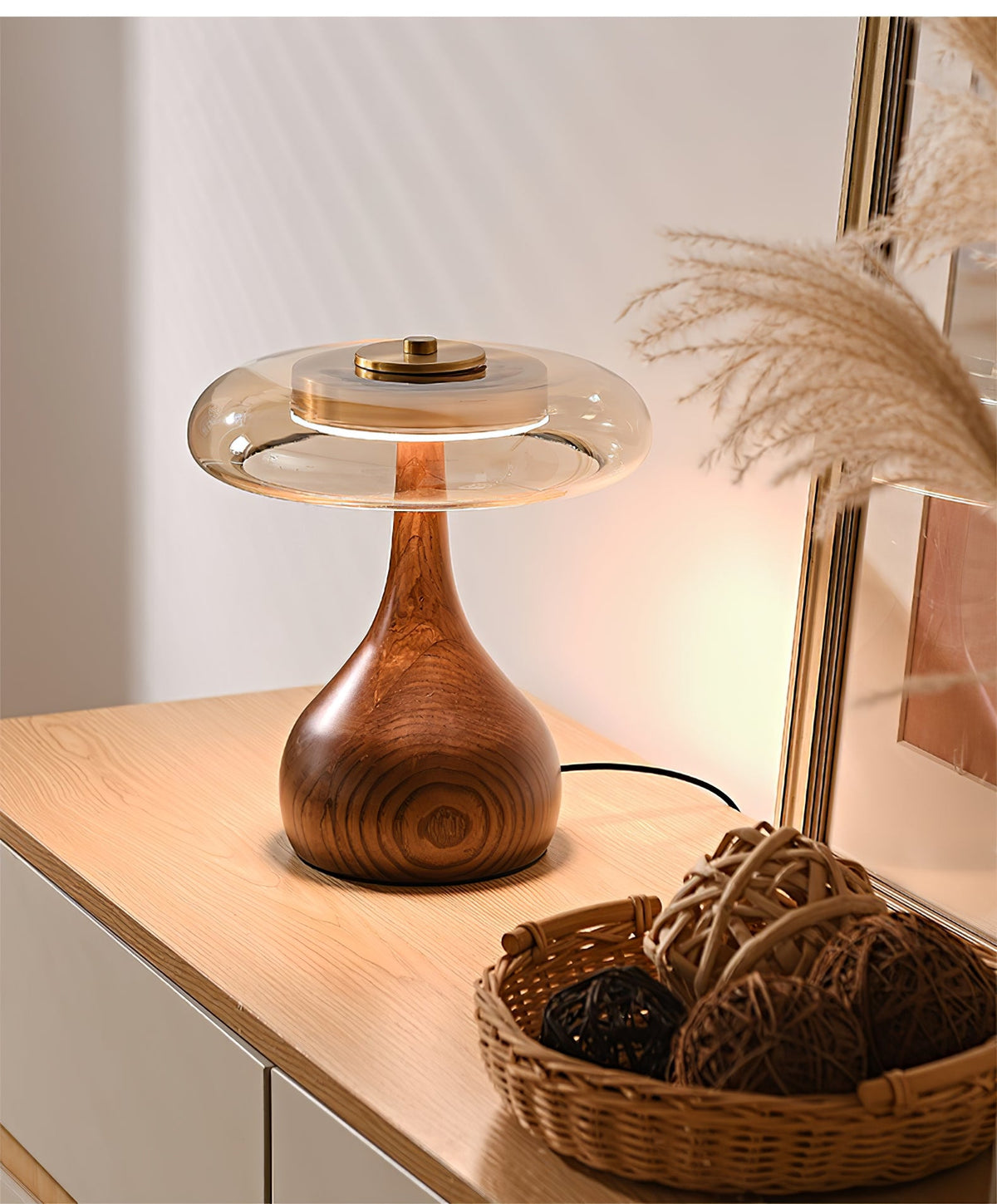 Amber Glass Table Lamp, Curved Walnut Base Bedside Lamp