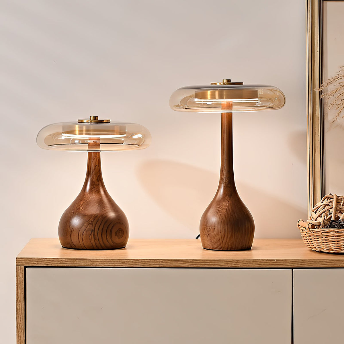 Amber Glass Table Lamp, Curved Walnut Base Bedside Lamp