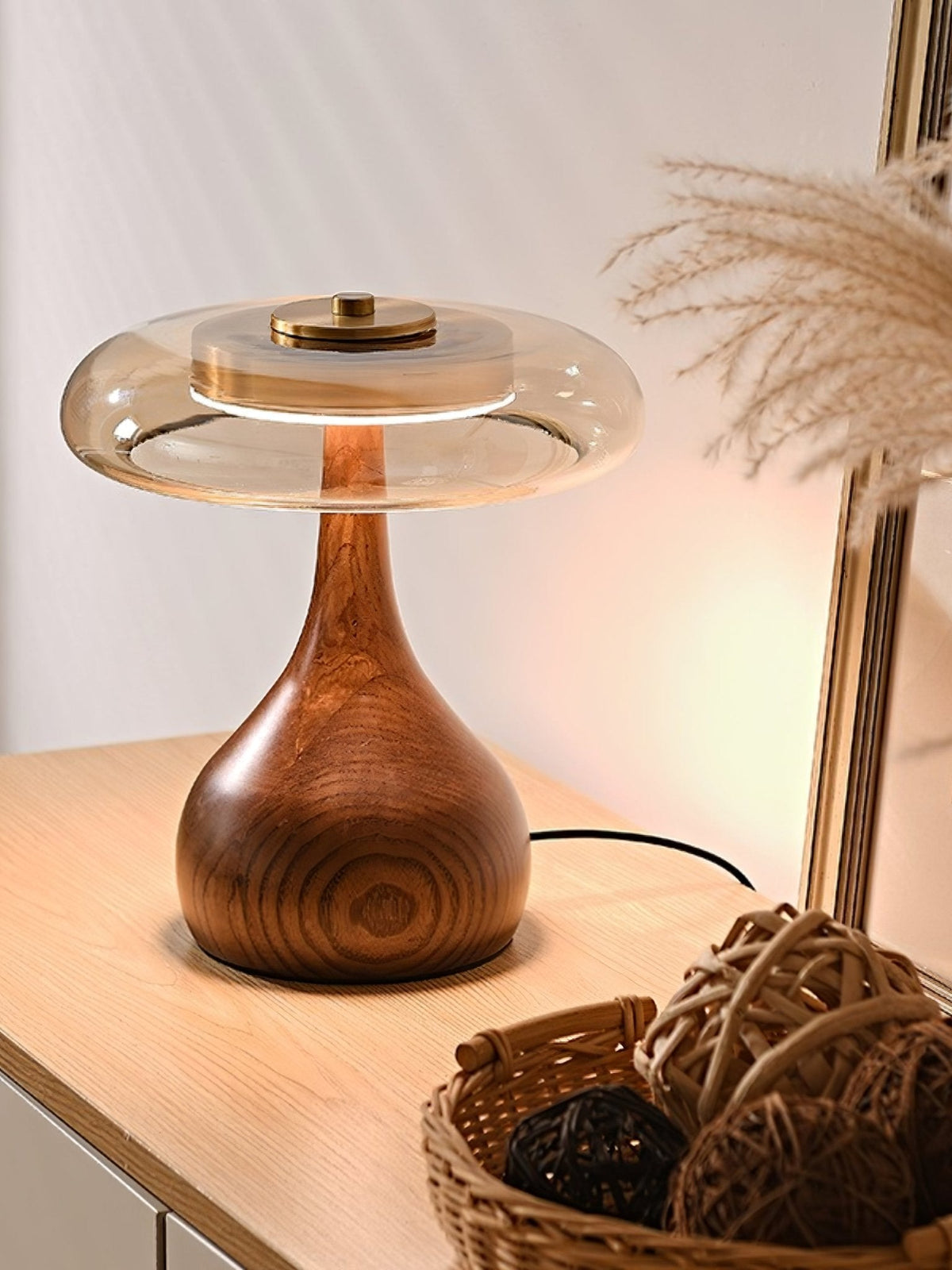 Amber Glass Table Lamp, Curved Walnut Base Bedside Lamp