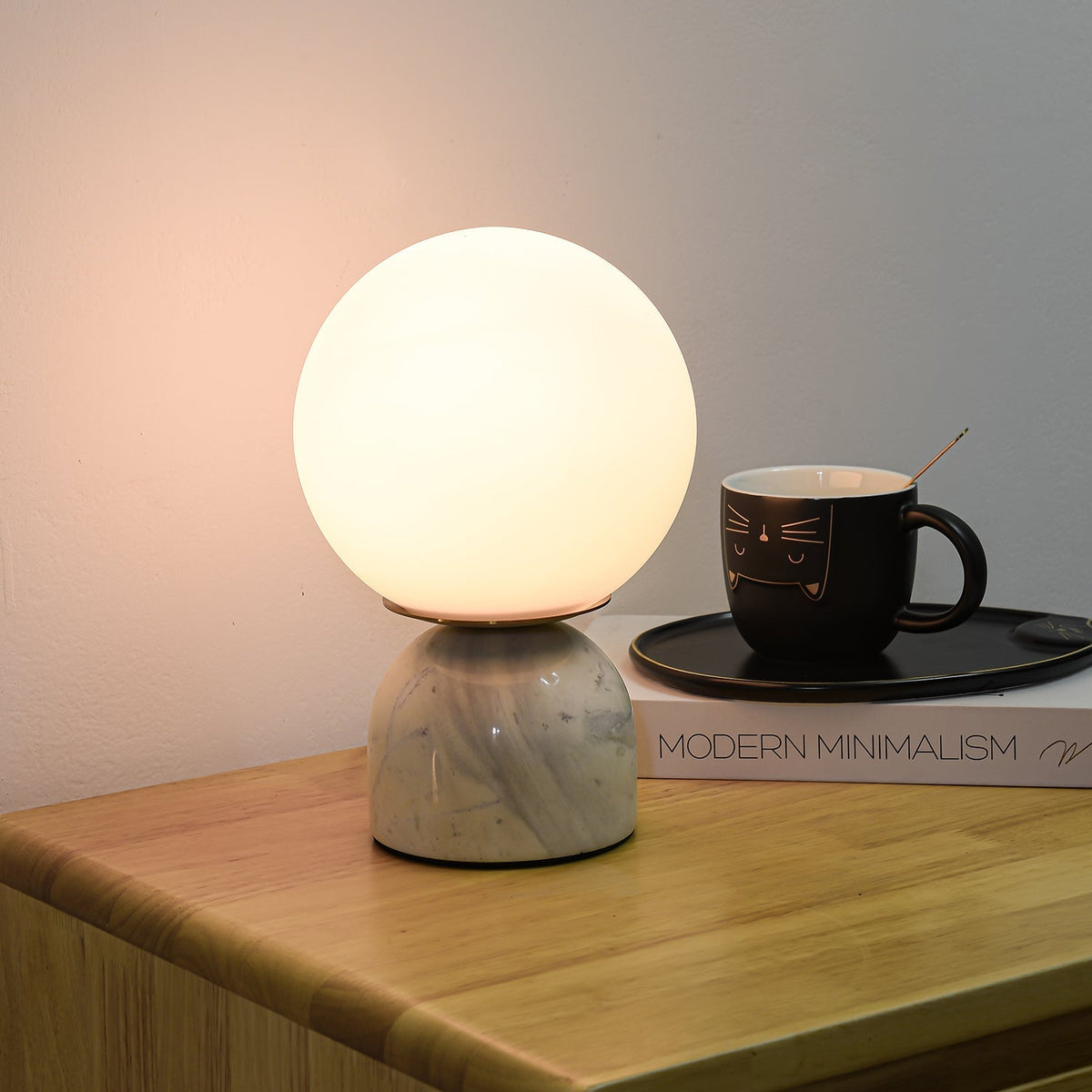 Marble Table Lamp, White Glass Globe Bedside Lamp