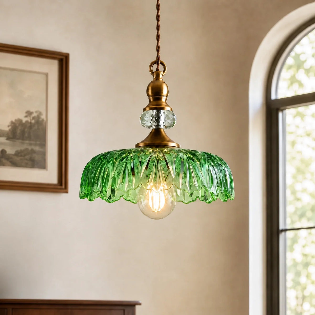 Vintage Glass Pendant Light, Floral Pattern Lantern Shade