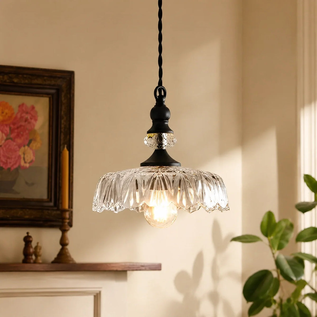 Vintage Glass Pendant Light, Floral Pattern Lantern Shade