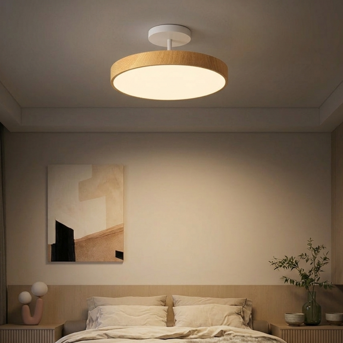 Semi Flush Mount Ceiling Light, Wood Look Disc, Gold Stem
