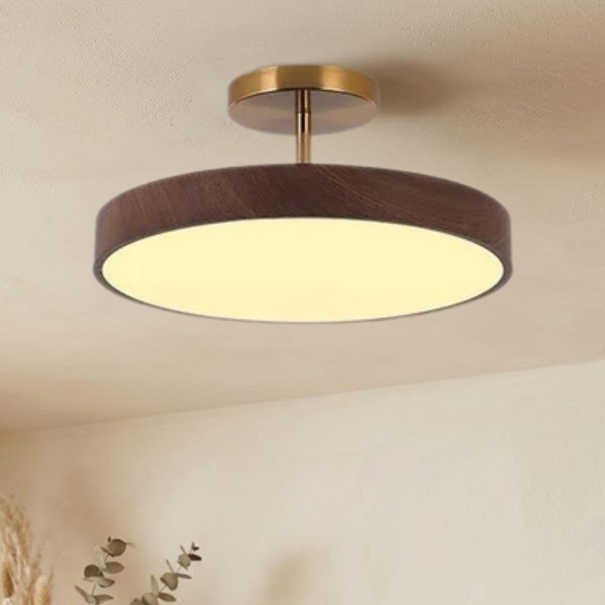 Semi Flush Mount Ceiling Light, Wood Look Disc, Gold Stem