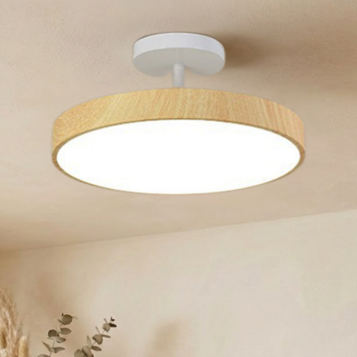 Semi Flush Mount Ceiling Light, Wood Look Disc, Gold Stem