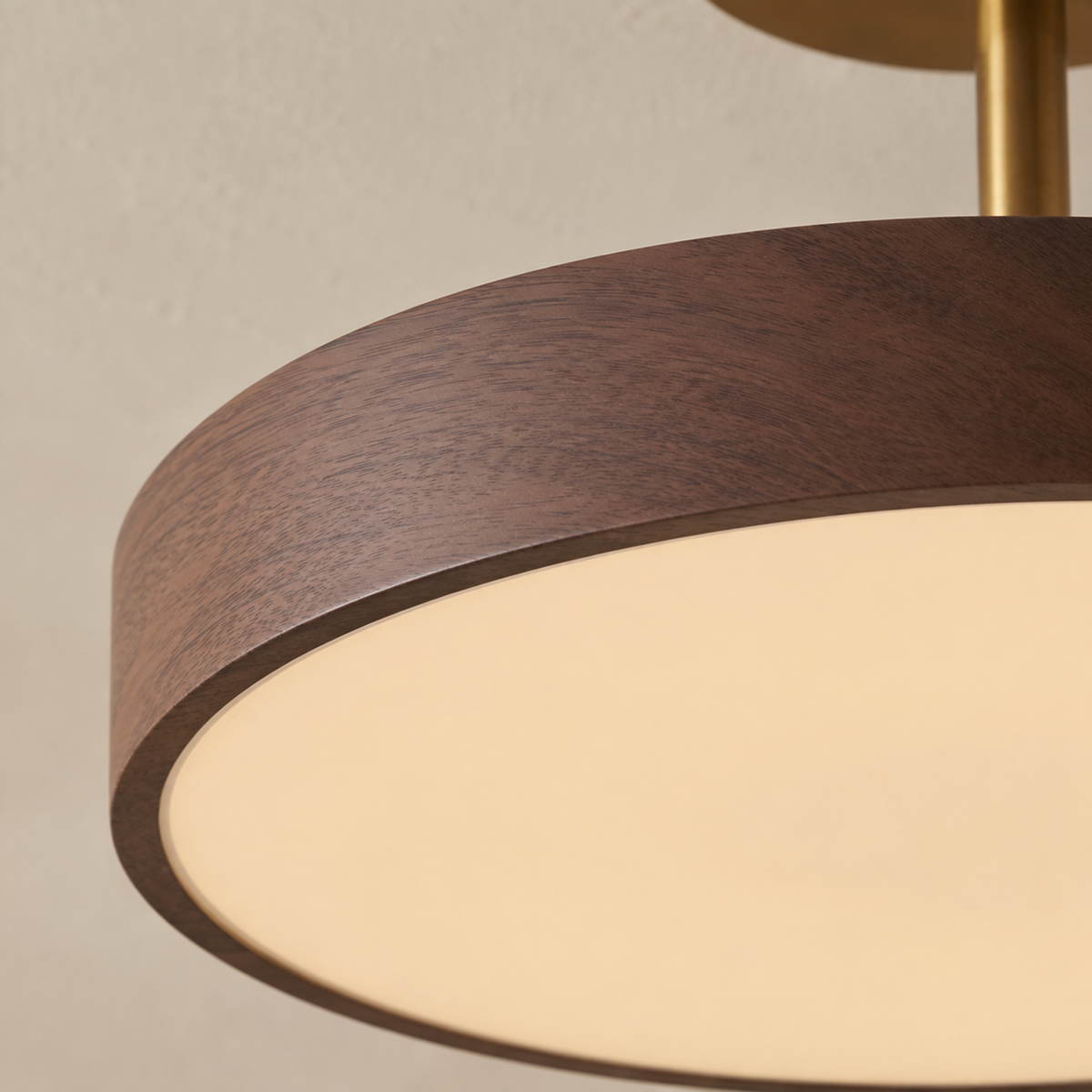 Semi Flush Mount Ceiling Light, Wood Look Disc, Gold Stem