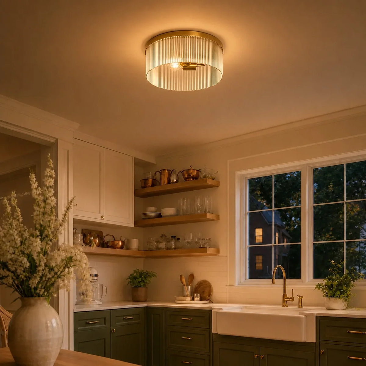Ribbed Glass Flush Mount Light, Farmhouse 2-Light, 14 in