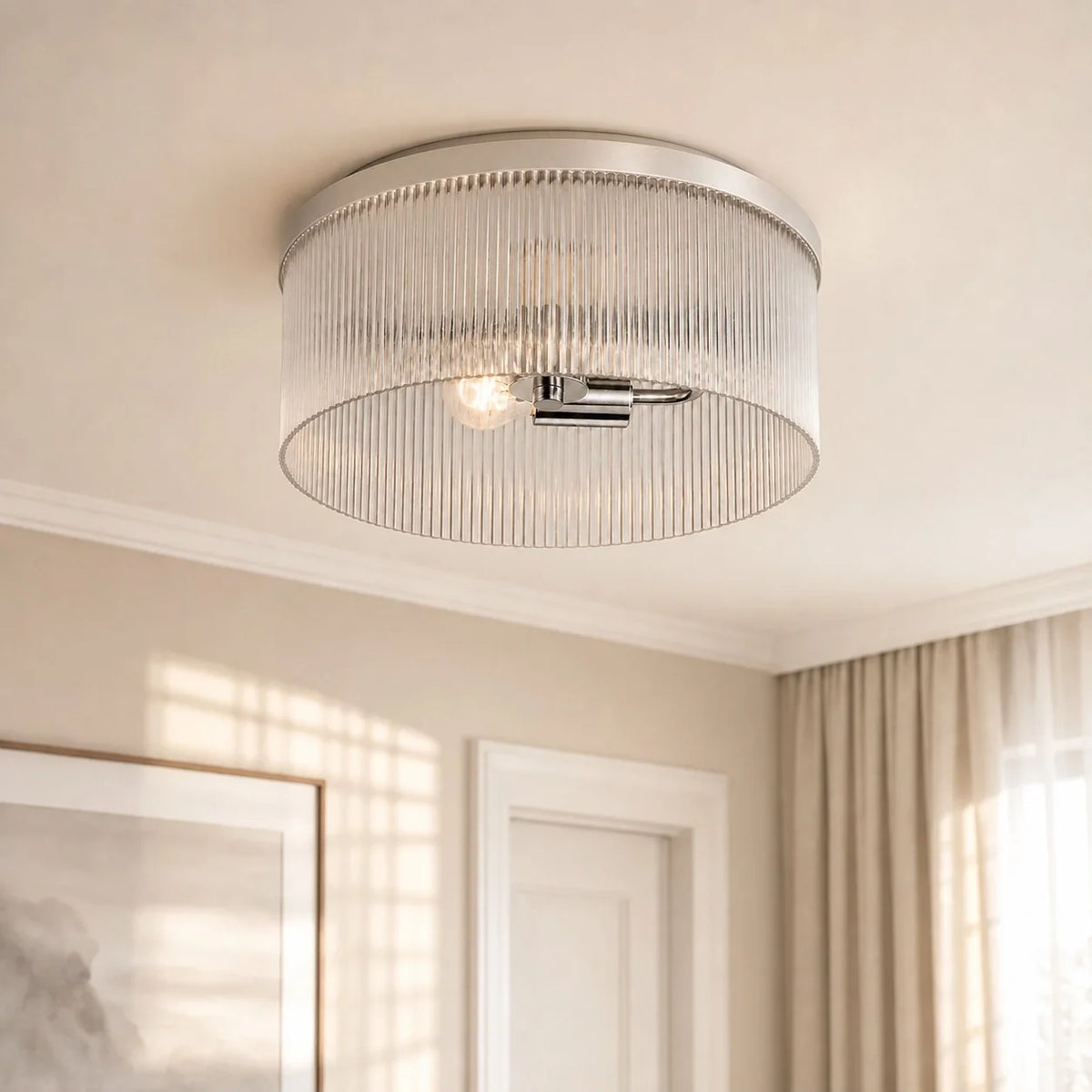 Ribbed Glass Flush Mount Light, Farmhouse 2-Light, 14 in