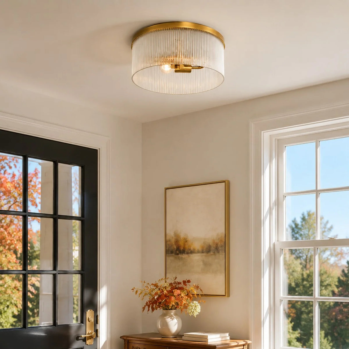 Ribbed Glass Flush Mount Light, Farmhouse 2-Light, 14 in