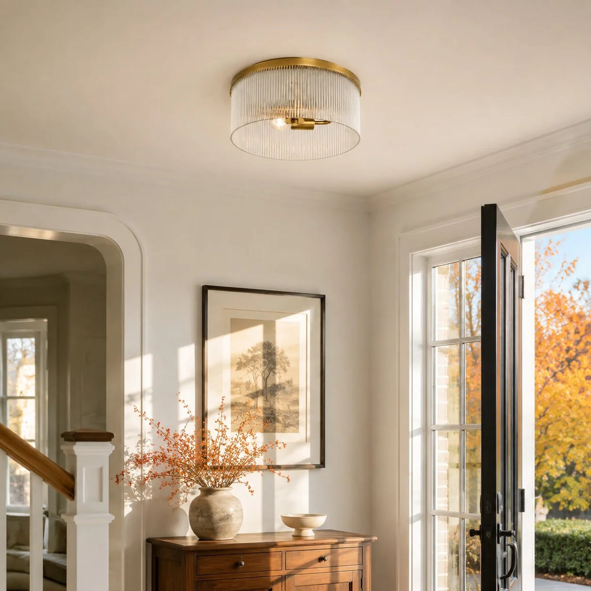 Ribbed Glass Flush Mount Light, Farmhouse 2-Light, 14 in