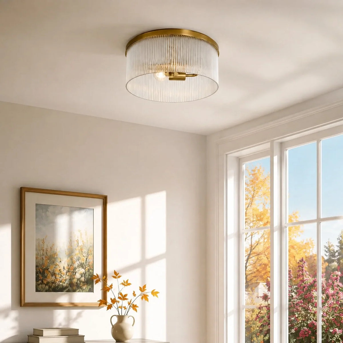 Ribbed Glass Flush Mount Light, Farmhouse 2-Light, 14 in