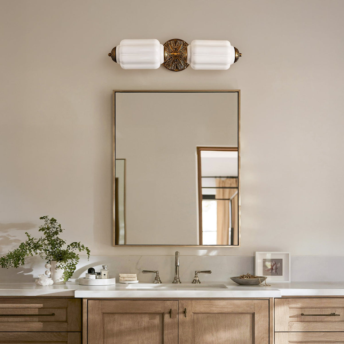 Milk Glass Vanity Light, Art Deco 2-Light Brass or Black