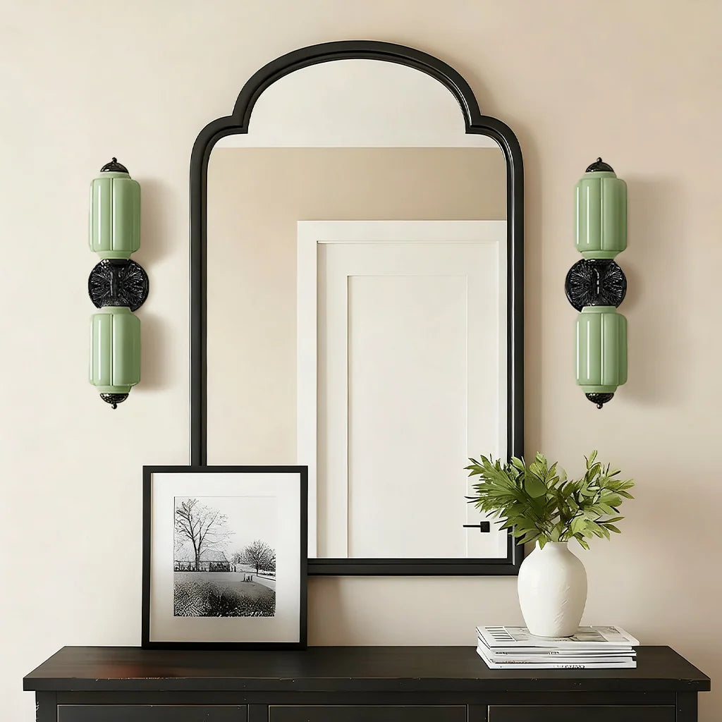 Milk Glass Vanity Light, Art Deco 2-Light Brass or Black