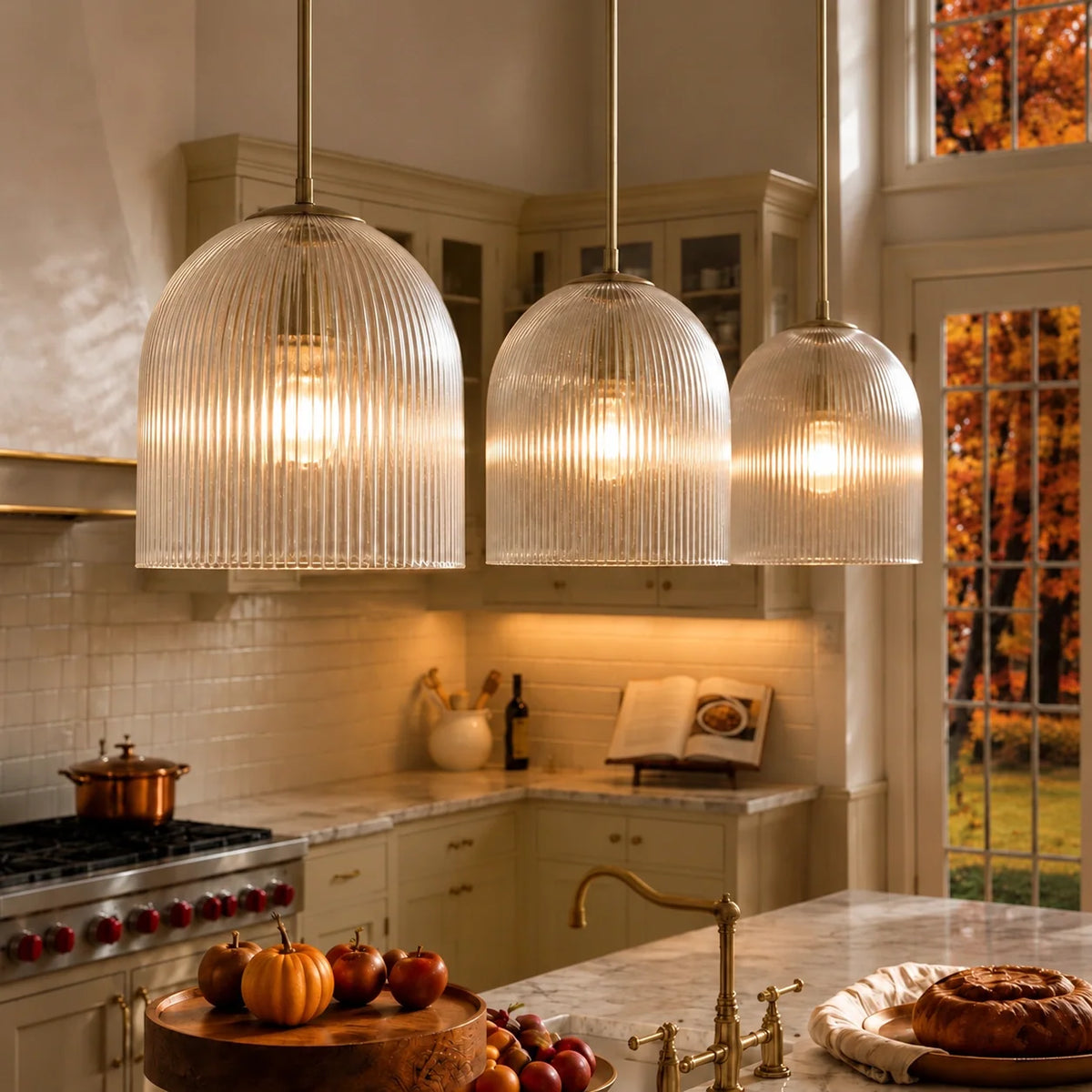 Ribbed Glass Pendant Light, Farmhouse Fluted Hanging Lamp