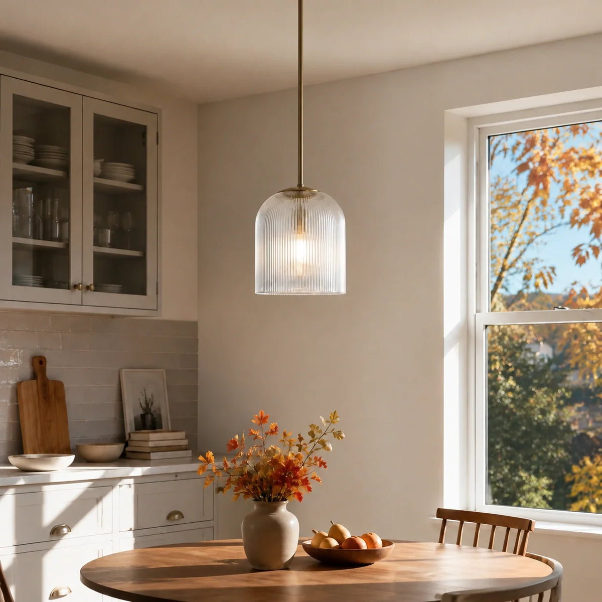 Ribbed Glass Pendant Light, Farmhouse Fluted Hanging Lamp