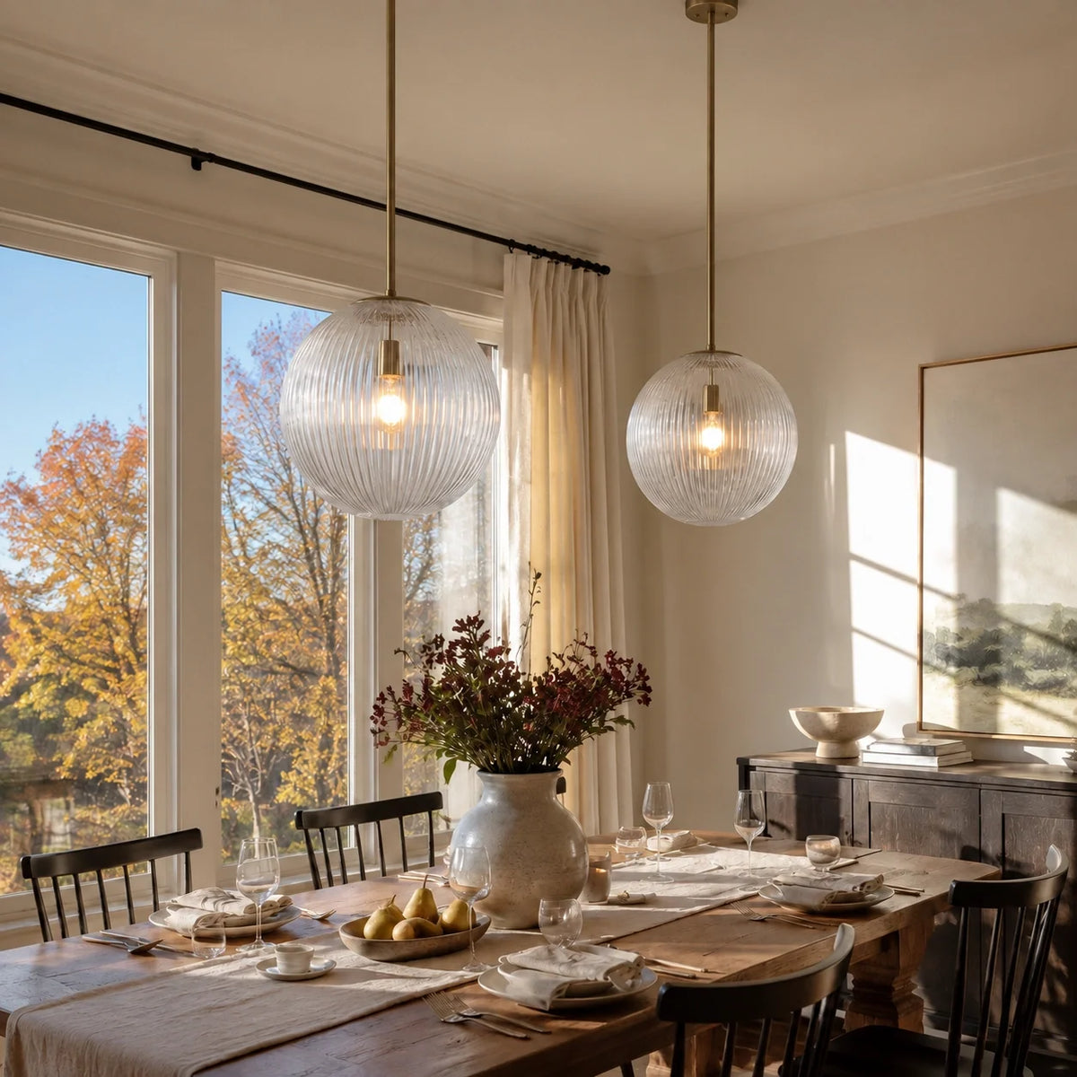 Ribbed Glass Pendant Light, Farmhouse Fluted Hanging Lamp
