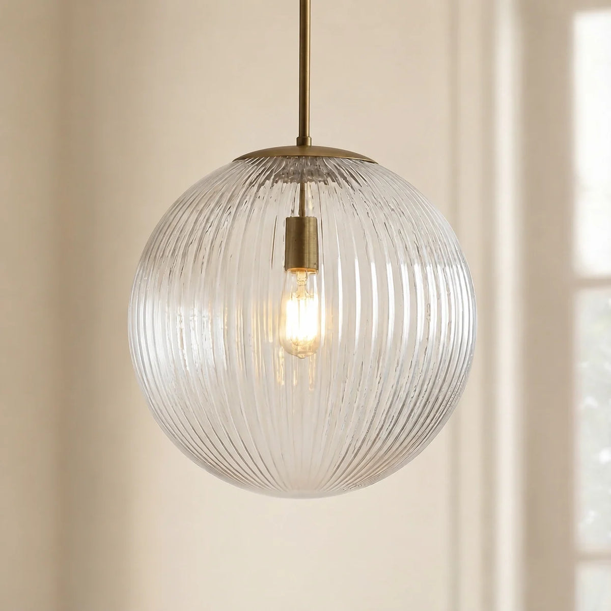 Ribbed Glass Pendant Light, Farmhouse Fluted Hanging Lamp