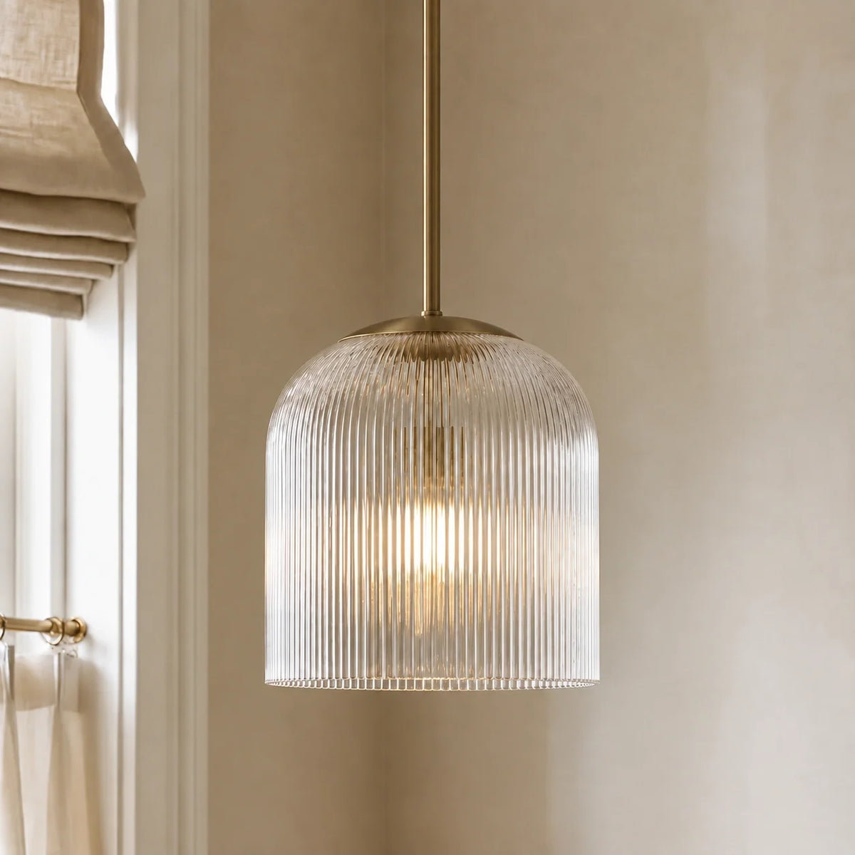 Ribbed Glass Pendant Light, Farmhouse Fluted Hanging Lamp