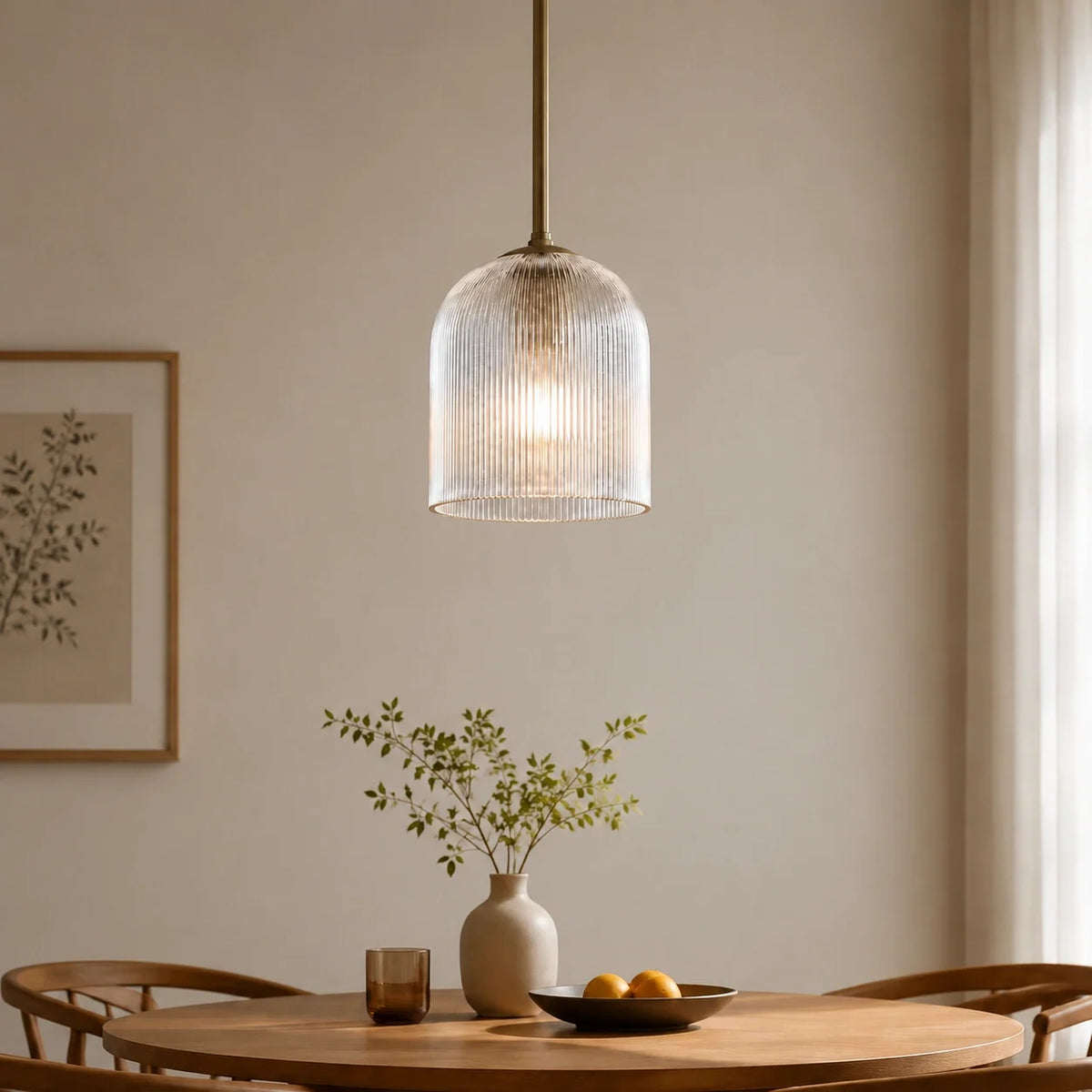 Ribbed Glass Pendant Light, Farmhouse Fluted Hanging Lamp