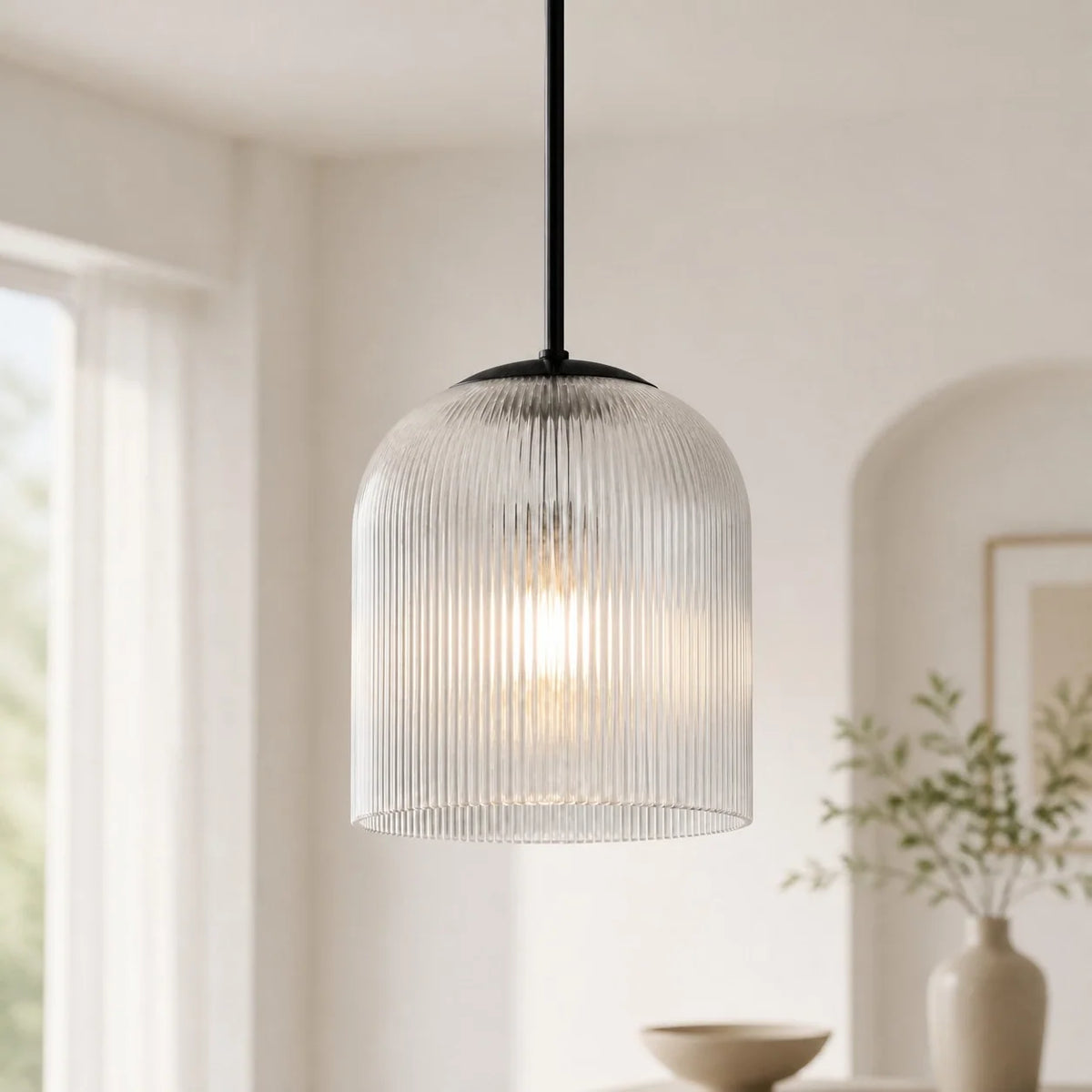 Ribbed Glass Pendant Light, Farmhouse Fluted Hanging Lamp