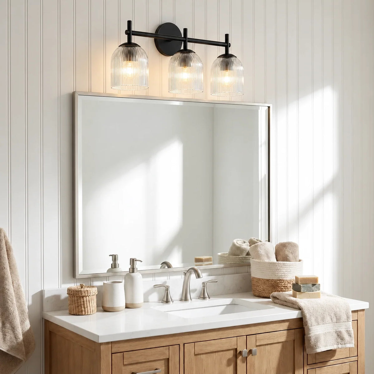 Ribbed Glass Wall Sconce, 1 to 3 Light Bathroom Wall Lamp