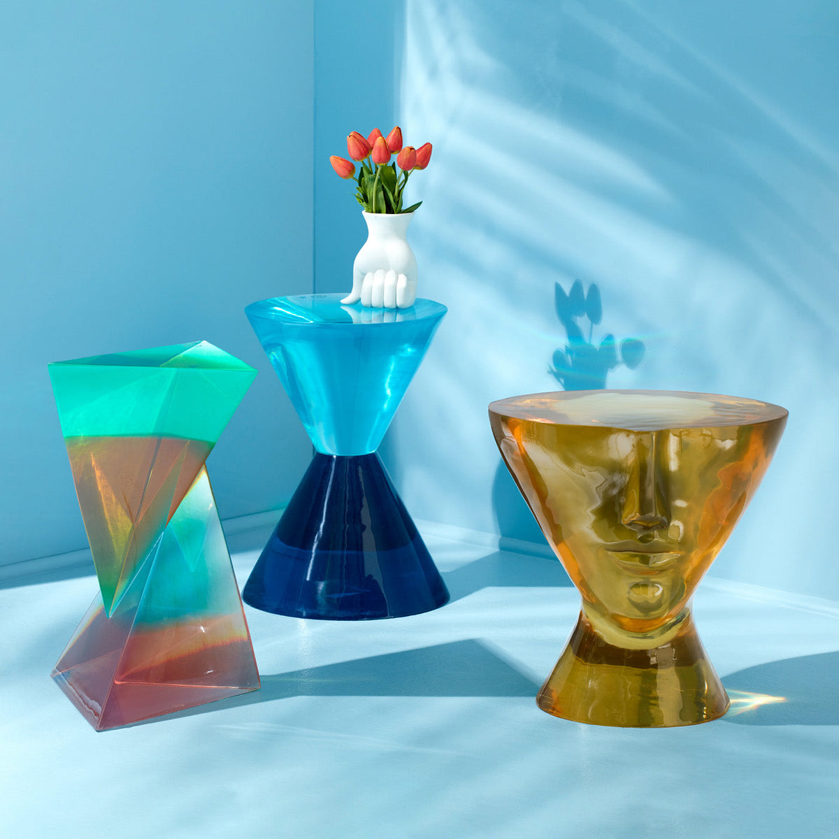 Acrylic Side Table, Amber Solid Cast Sculptural Drink Table