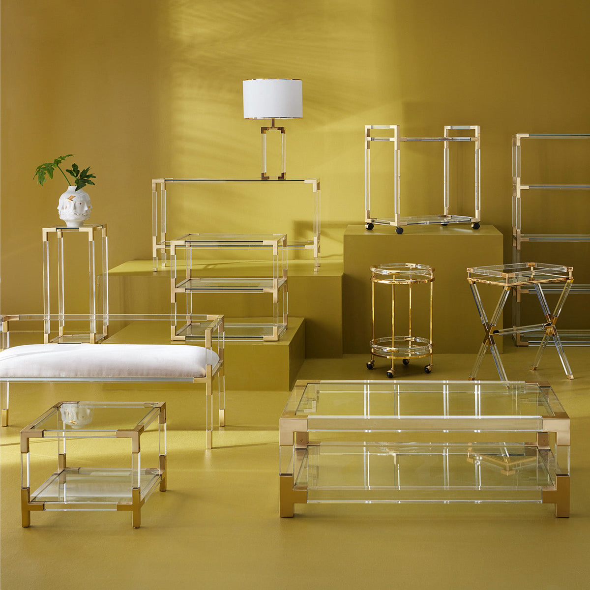 Acrylic Accent Table, Clear Two-Tier Brass Cube Side Table