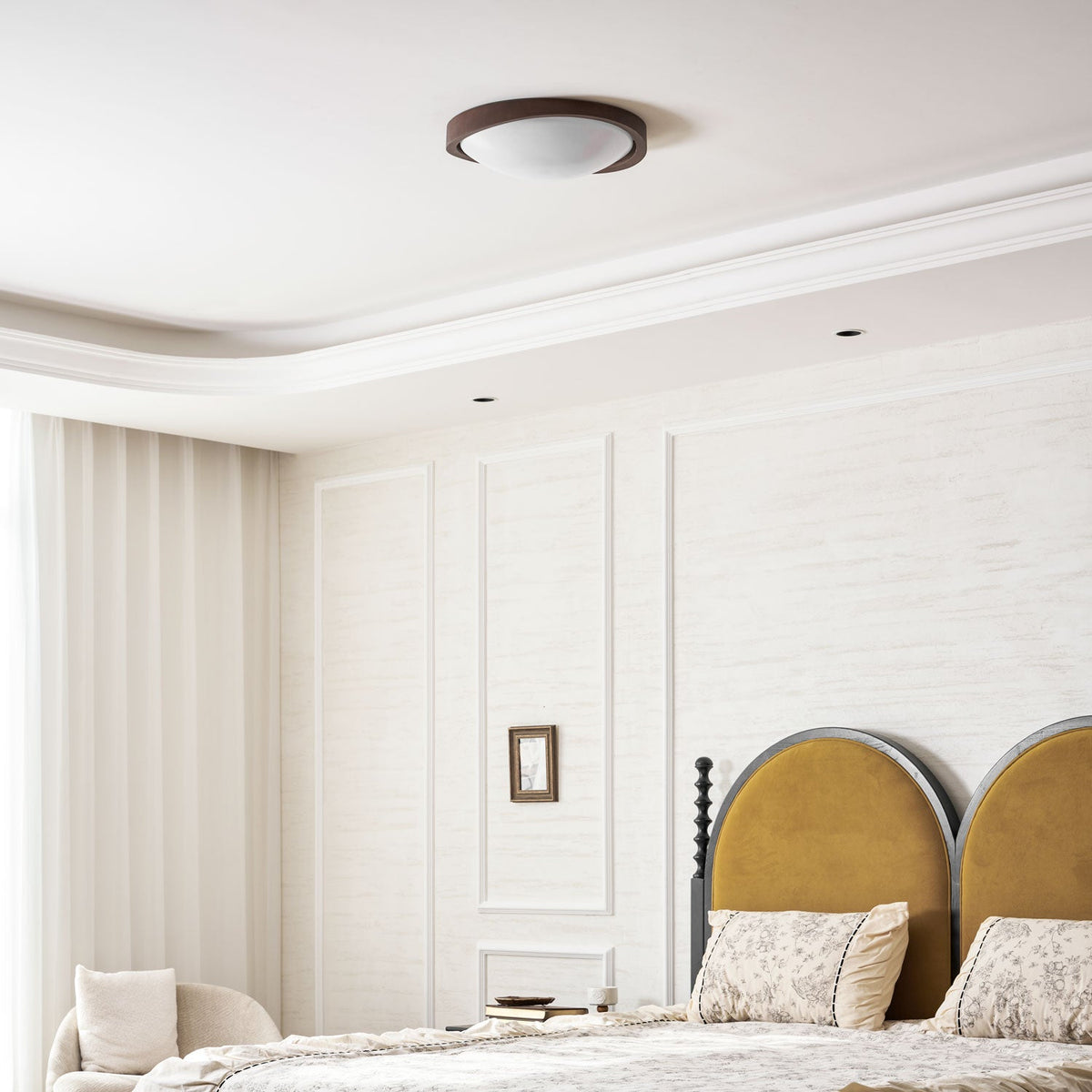 Walnut Flush Mount Ceiling Light, Curved Edge LED Lamp