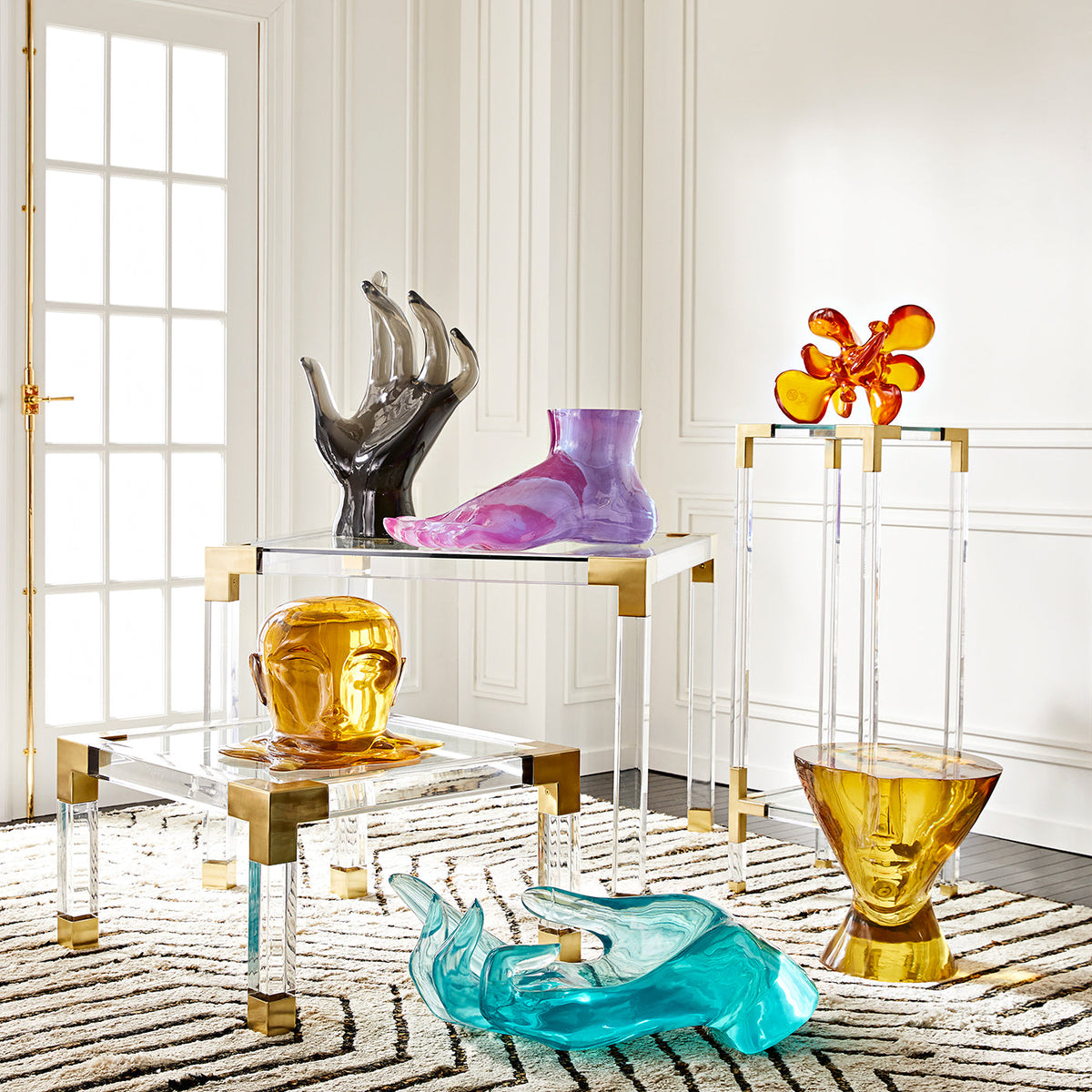 Acrylic Side Table, Amber Solid Cast Sculptural Drink Table
