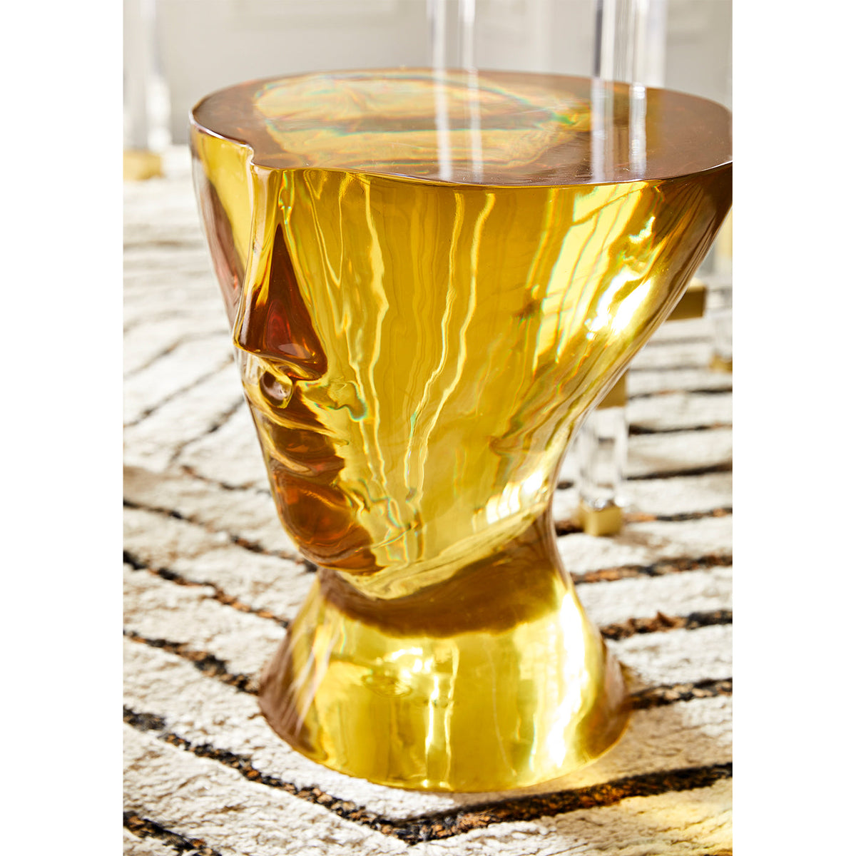 Acrylic Side Table, Amber Solid Cast Sculptural Drink Table
