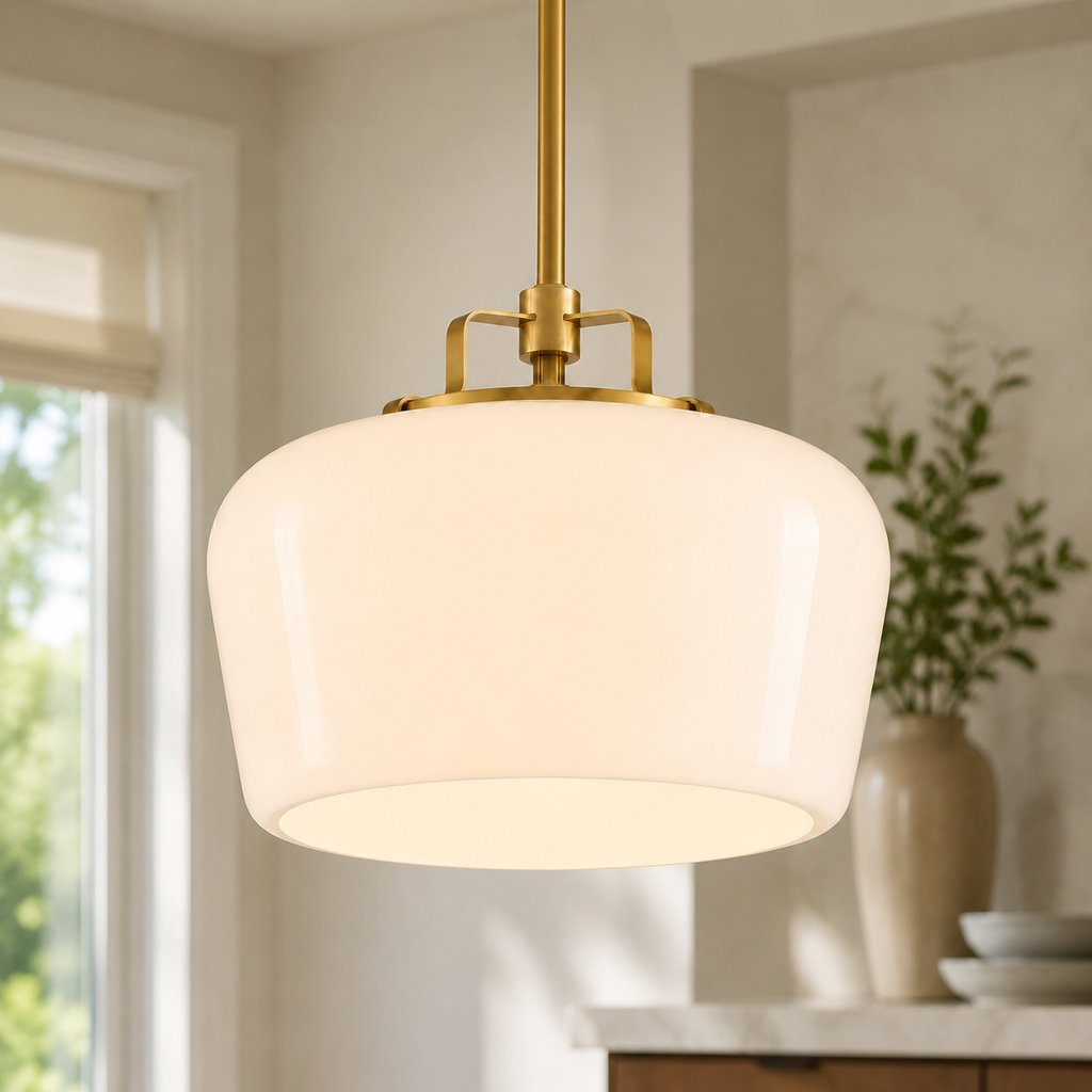 Milk Glass Pendant Light, 15 in Antique Brass Kitchen Light