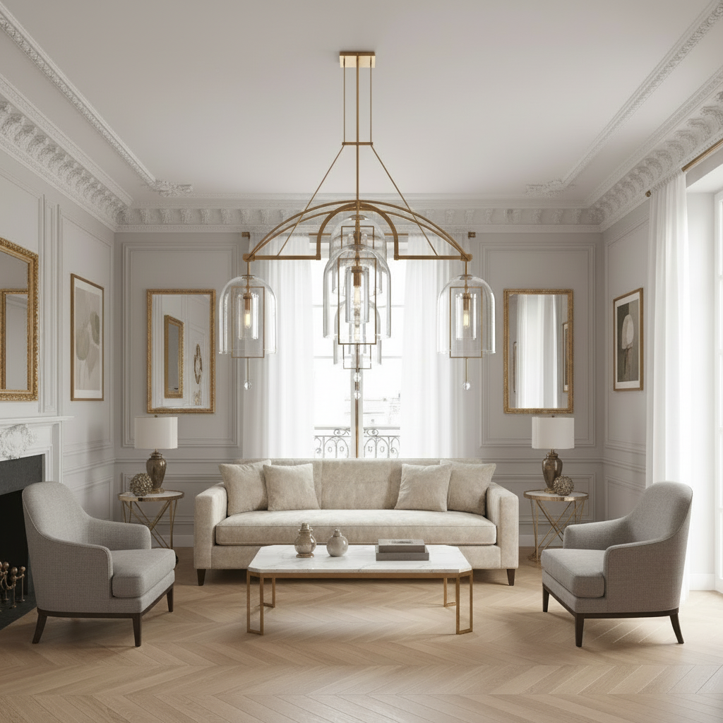 Art Deco Glass Dome Chandelier, Gold or Black Foyer Light