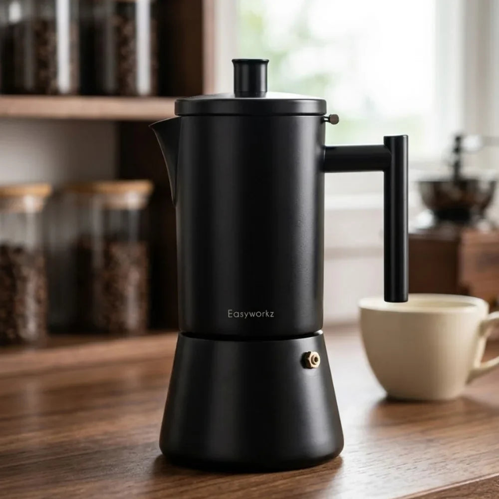 Black Moka Pot, 18/8 Stainless Steel Stovetop Espresso
