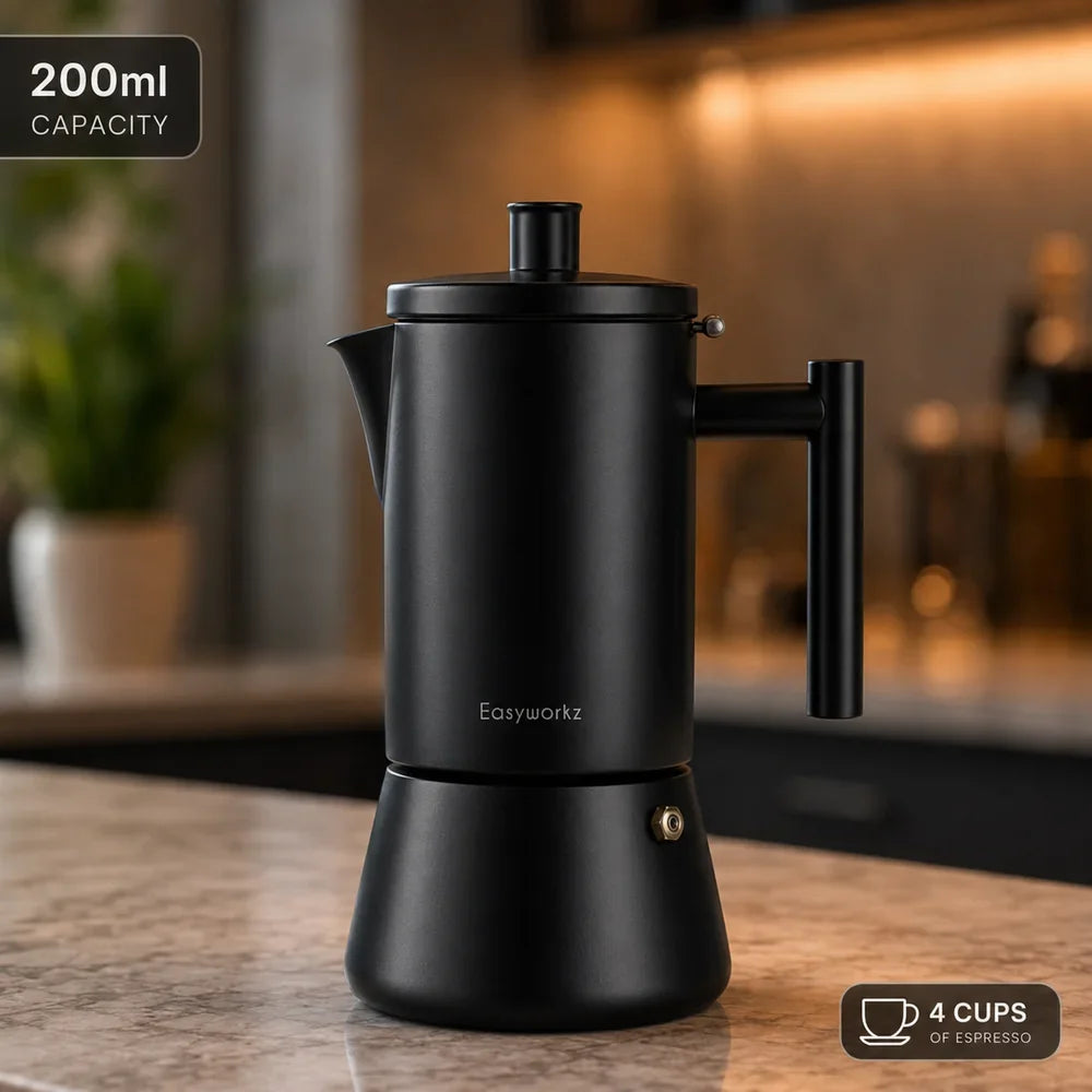 Black Moka Pot, 18/8 Stainless Steel Stovetop Espresso