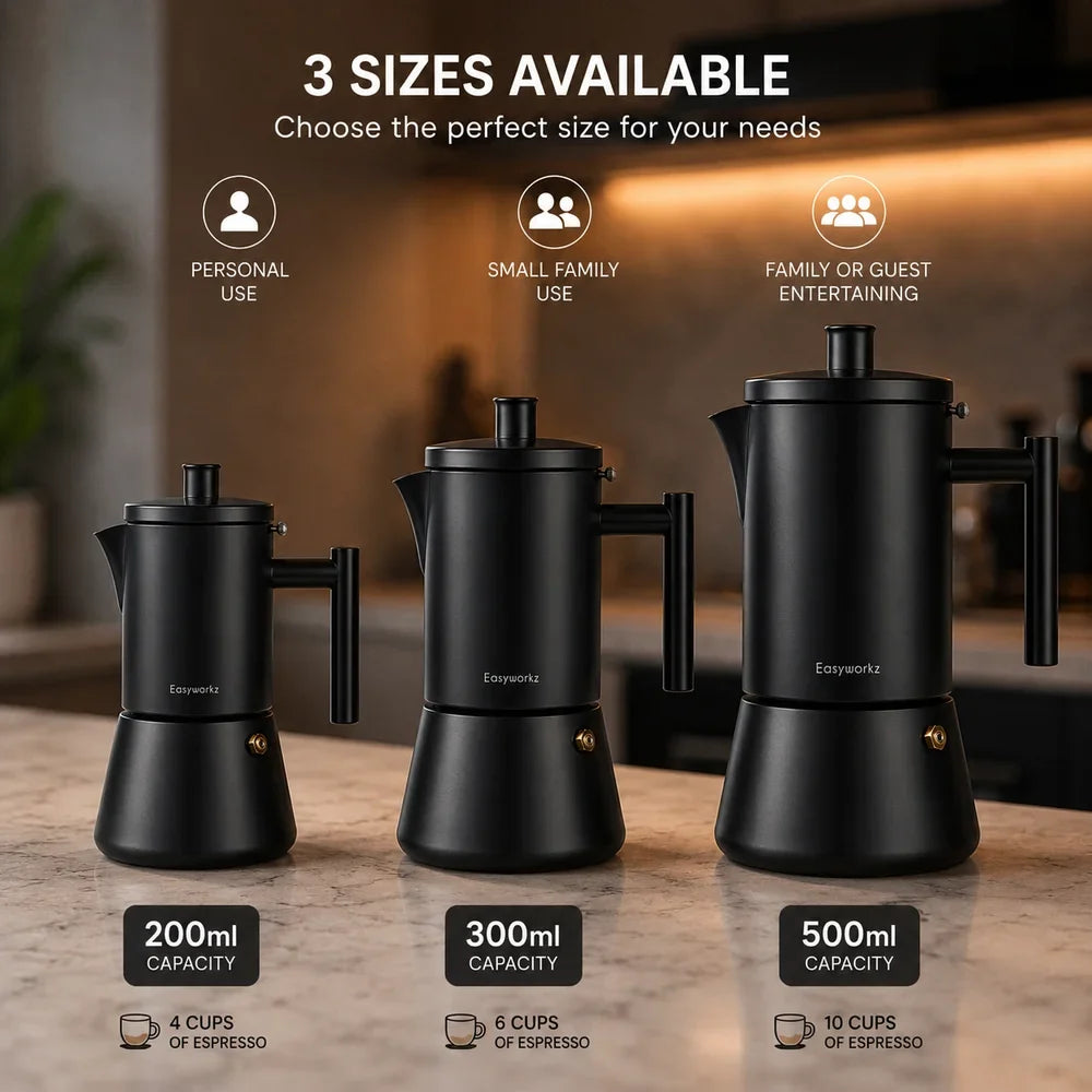 Black Moka Pot, 18/8 Stainless Steel Stovetop Espresso